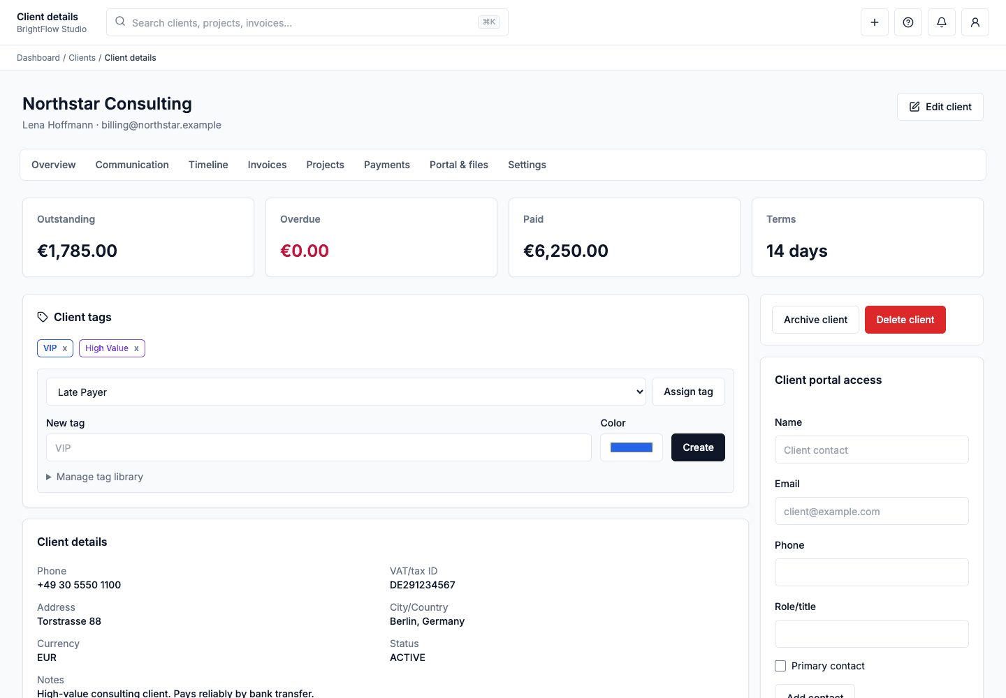 SimplifyClient client management page showing a client profile, tags, balances, communication, and timeline navigation