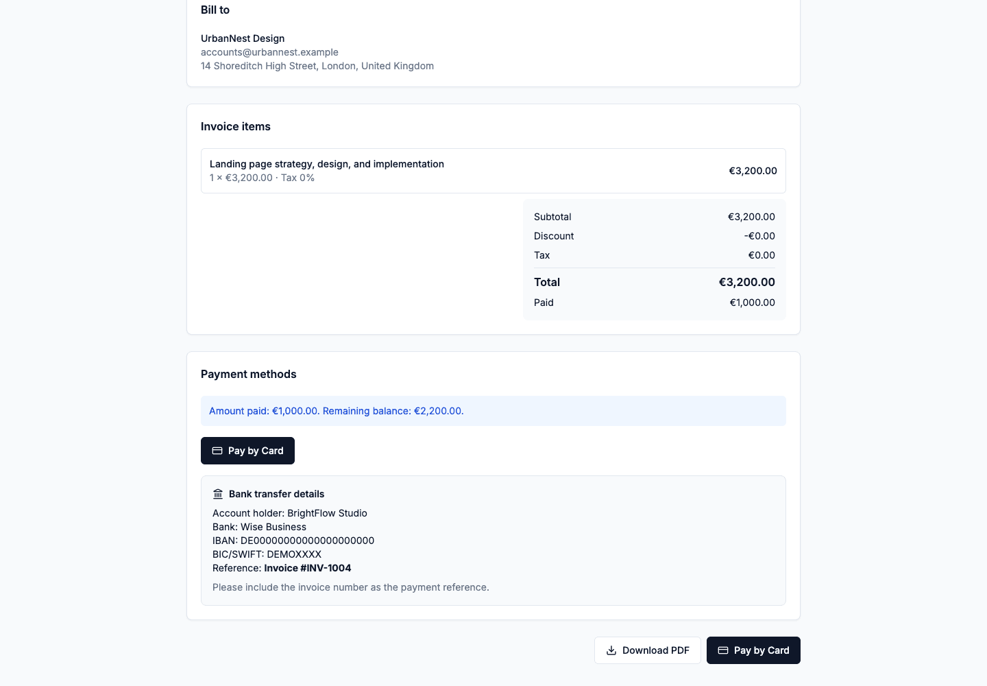 SimplifyClient public invoice showing a partial payment, Stripe card payment, and bank transfer details