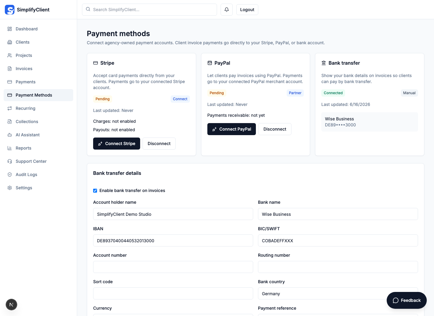 Payment methods settings showing Stripe and bank transfer options for direct client payments.